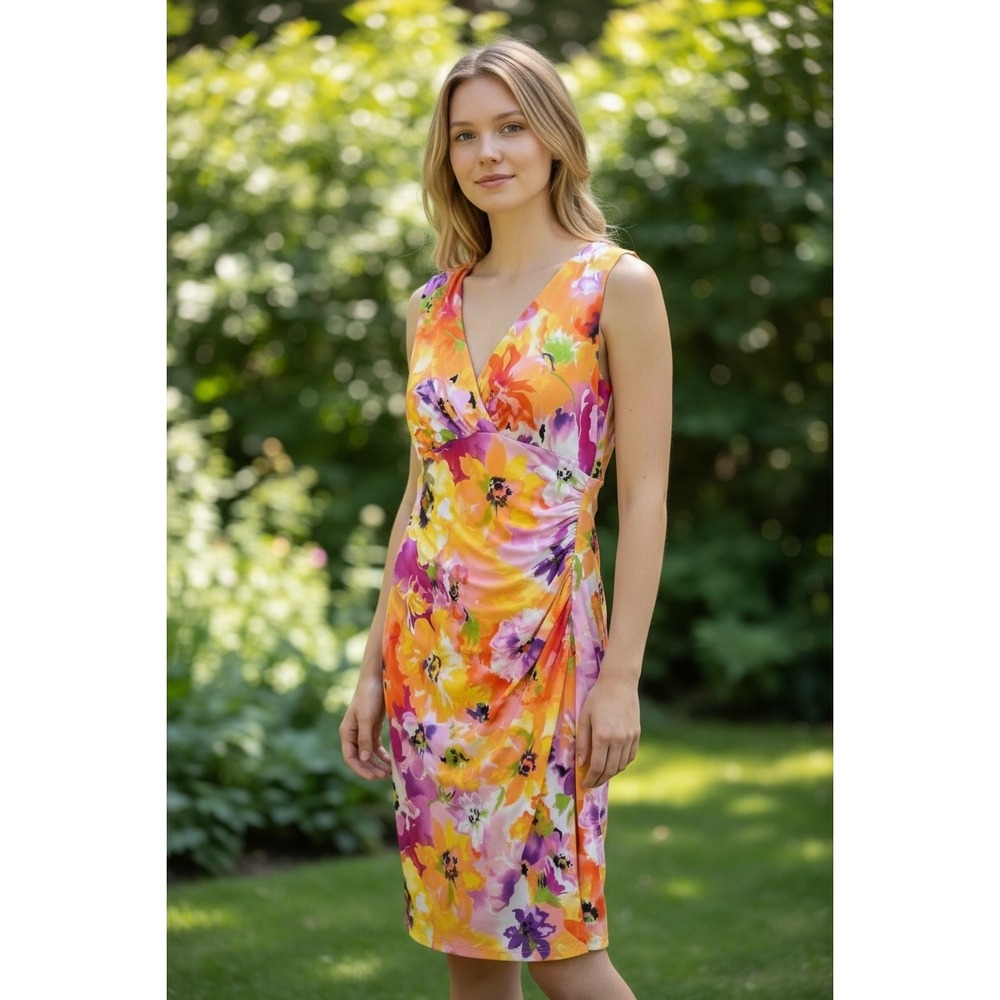 Lauren Ralph Lauren Floral V Neck Sleeveless Ruched Sheath Dress colorful sz 14